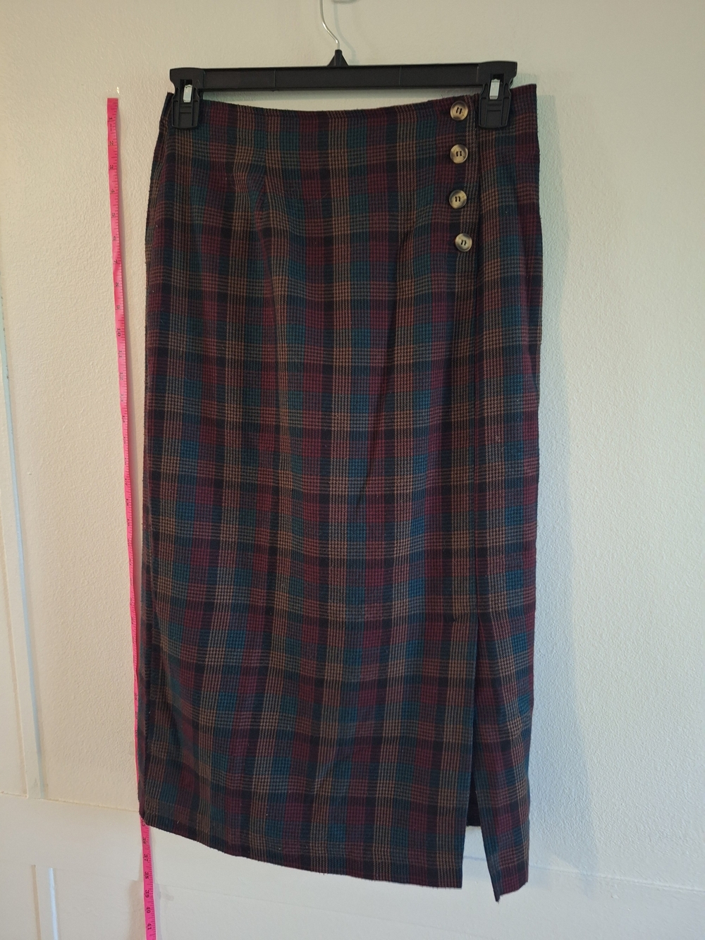 Plaid Pencil Skirt with Side Buttons - Multicolor
